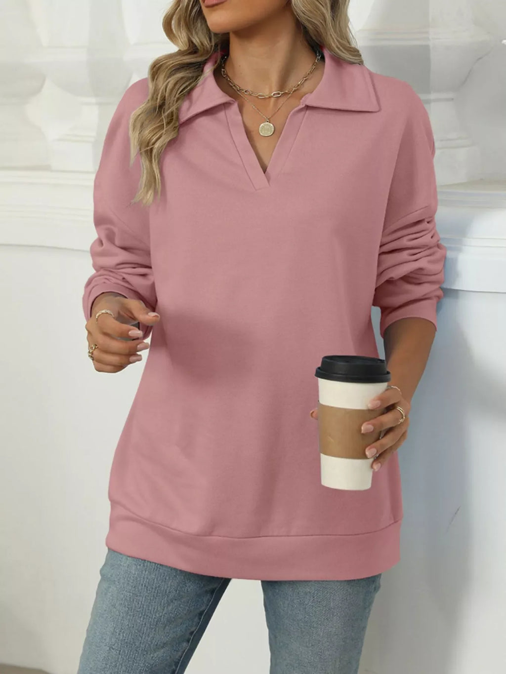 Johnny Collar Drop Shoulder Long Sleeve Sweatshirt
