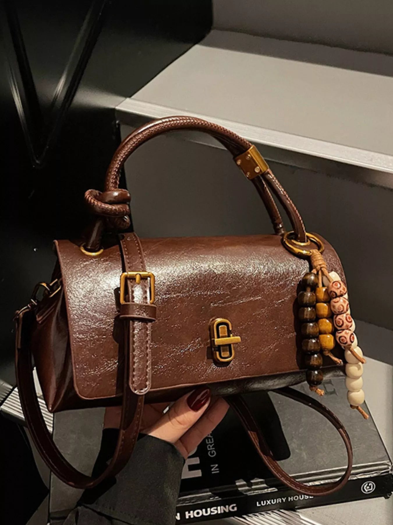 Leather Crossbody Bag with Bead Charm
