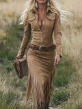 Zip Front Long Sleeve Fringe Dress