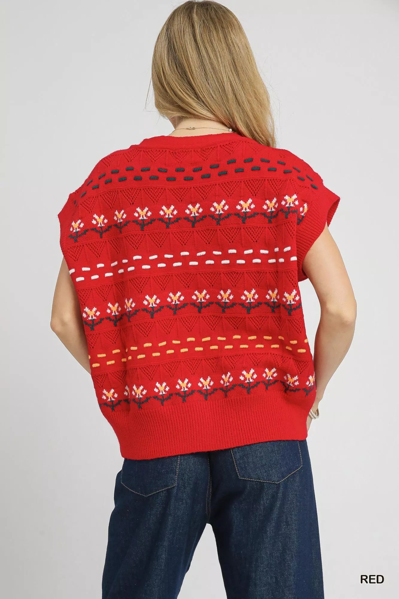 Umgee Button-Down Knit Vest with Floral Pattern