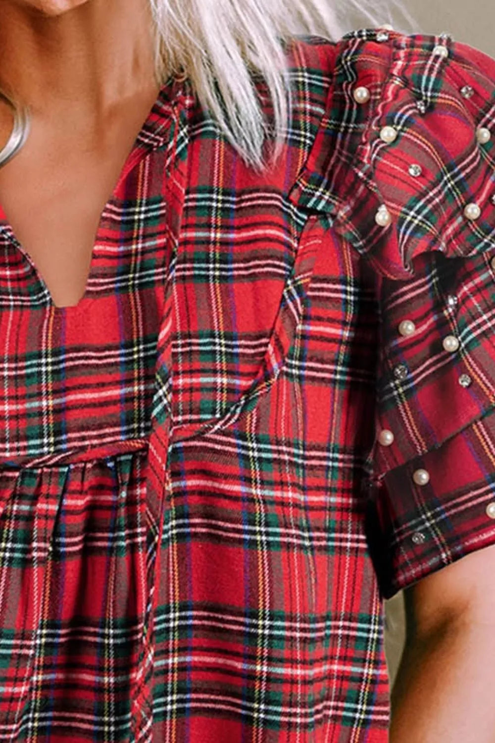 Plaid Pearl-Embellished Tie Neck Blouse
