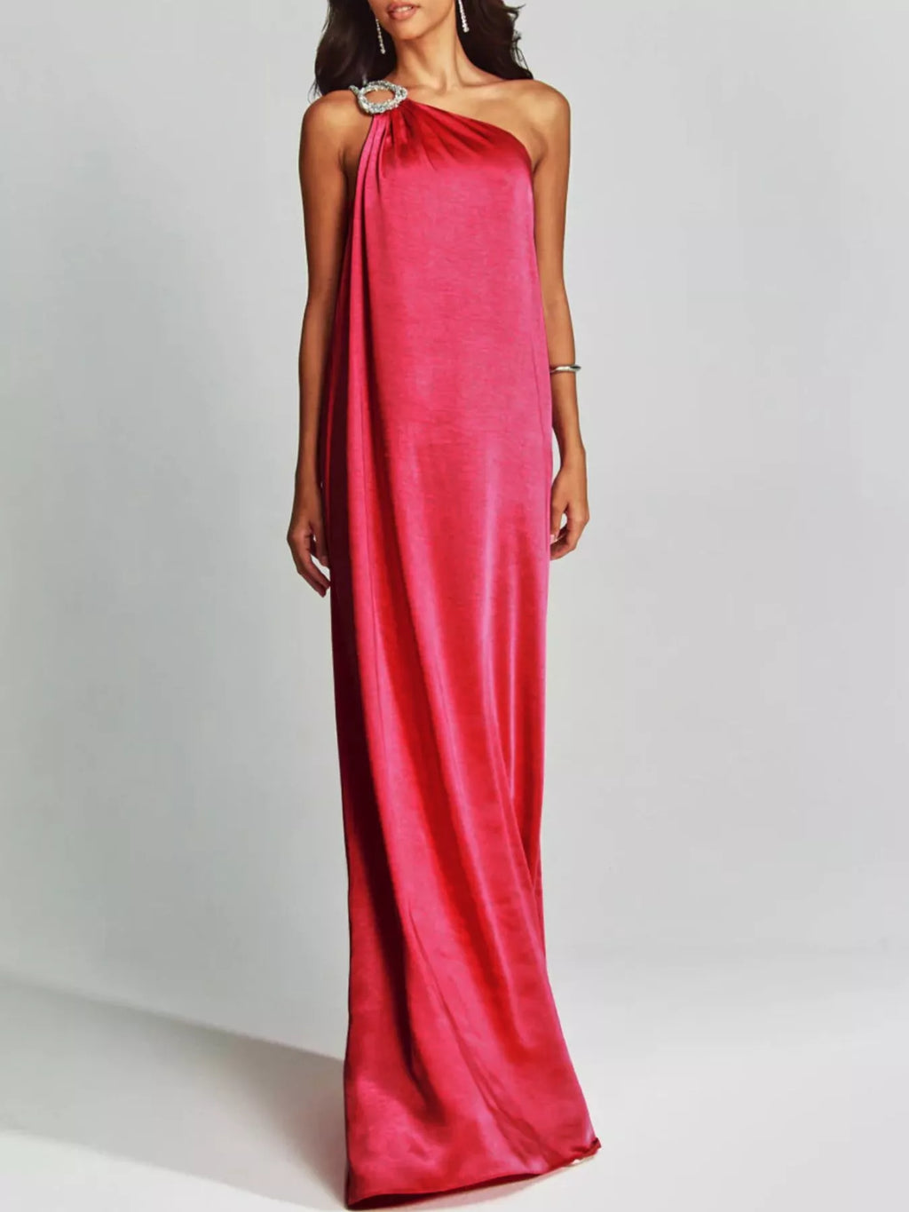 One-Shoulder Rhinestone Satin Maxi Dress