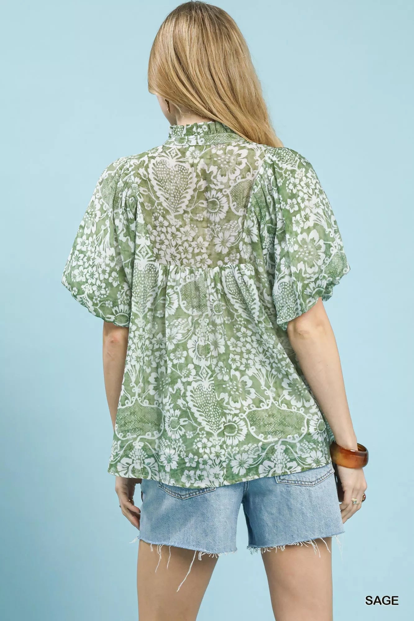 Umgee Abstract Print Ruffled Puff Sleeve Top