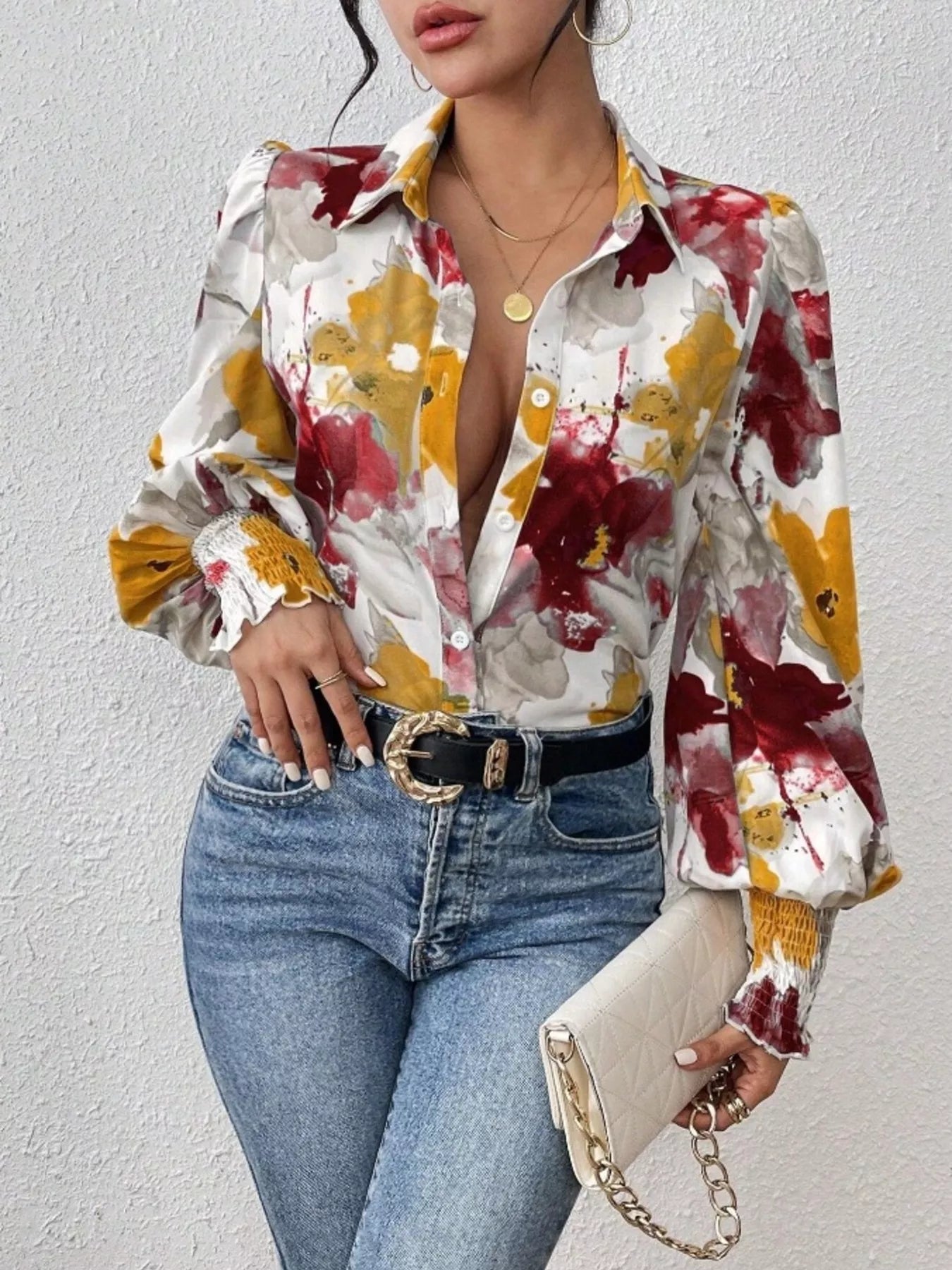 Printed Button Up Lantern Sleeve Shirt