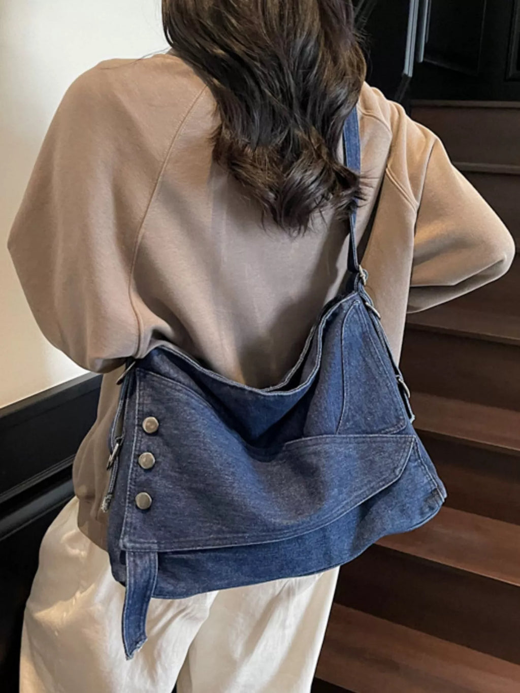 Casual Denim Crossbody Bag with Button Detail