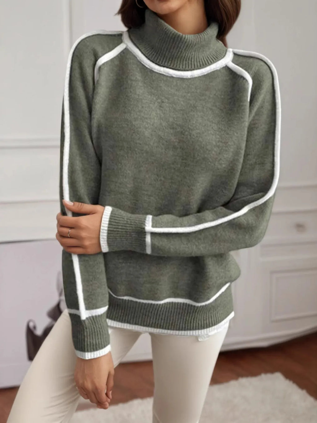 Turtleneck Contrast Trim Sweater with Ribbed Details