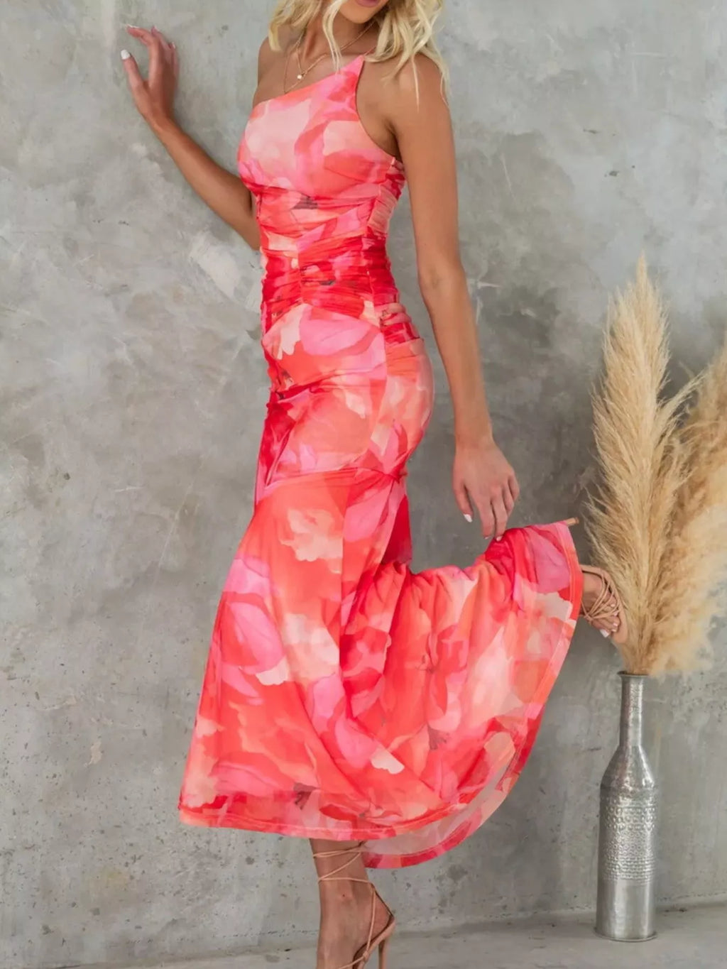Floral Print One-Shoulder Ruched Maxi Dress