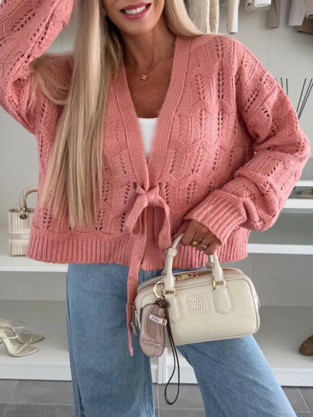 Tie-Front Openwork Cardigan