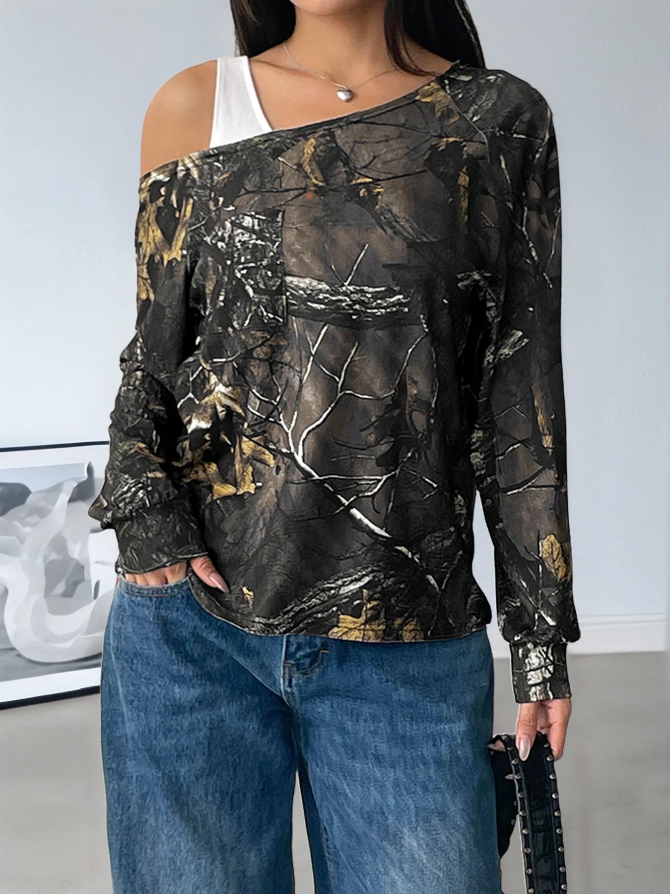 Asymmetrical Neck Printed Long Sleeve Top