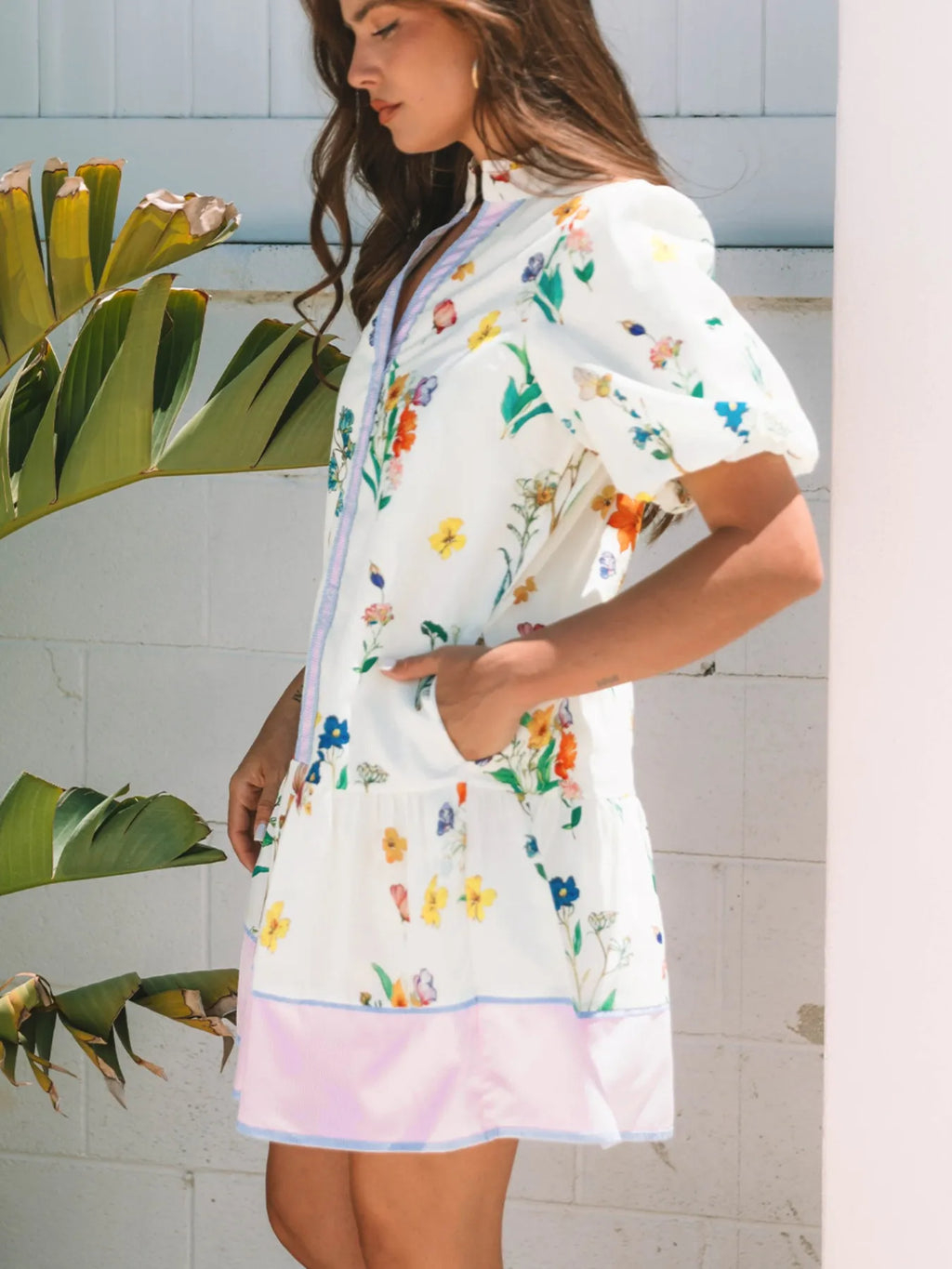 Floral Print Notched Short Sleeve Dress