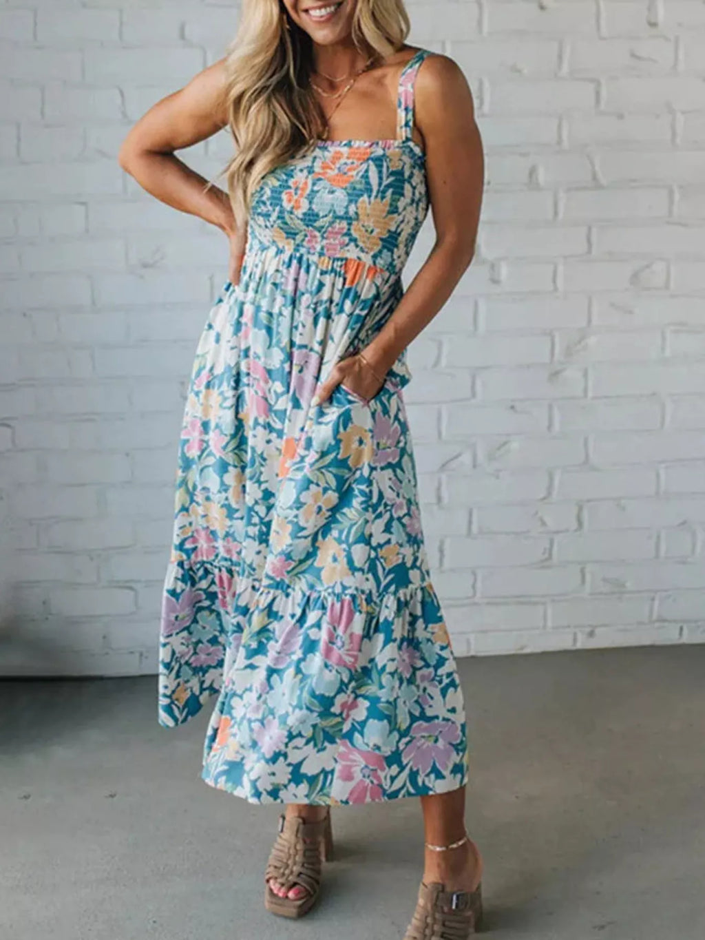 Floral Smocked Square Neck Midi Dress