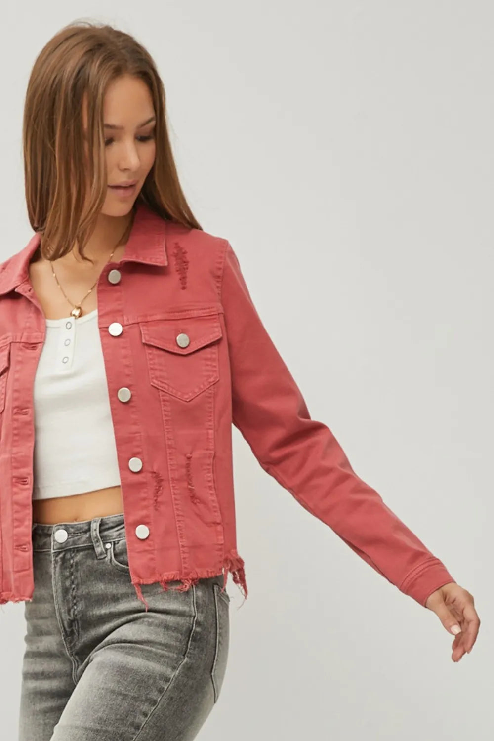 RISEN Full Size Raw Hem Button Up Cropped Denim Jacket Plus Size