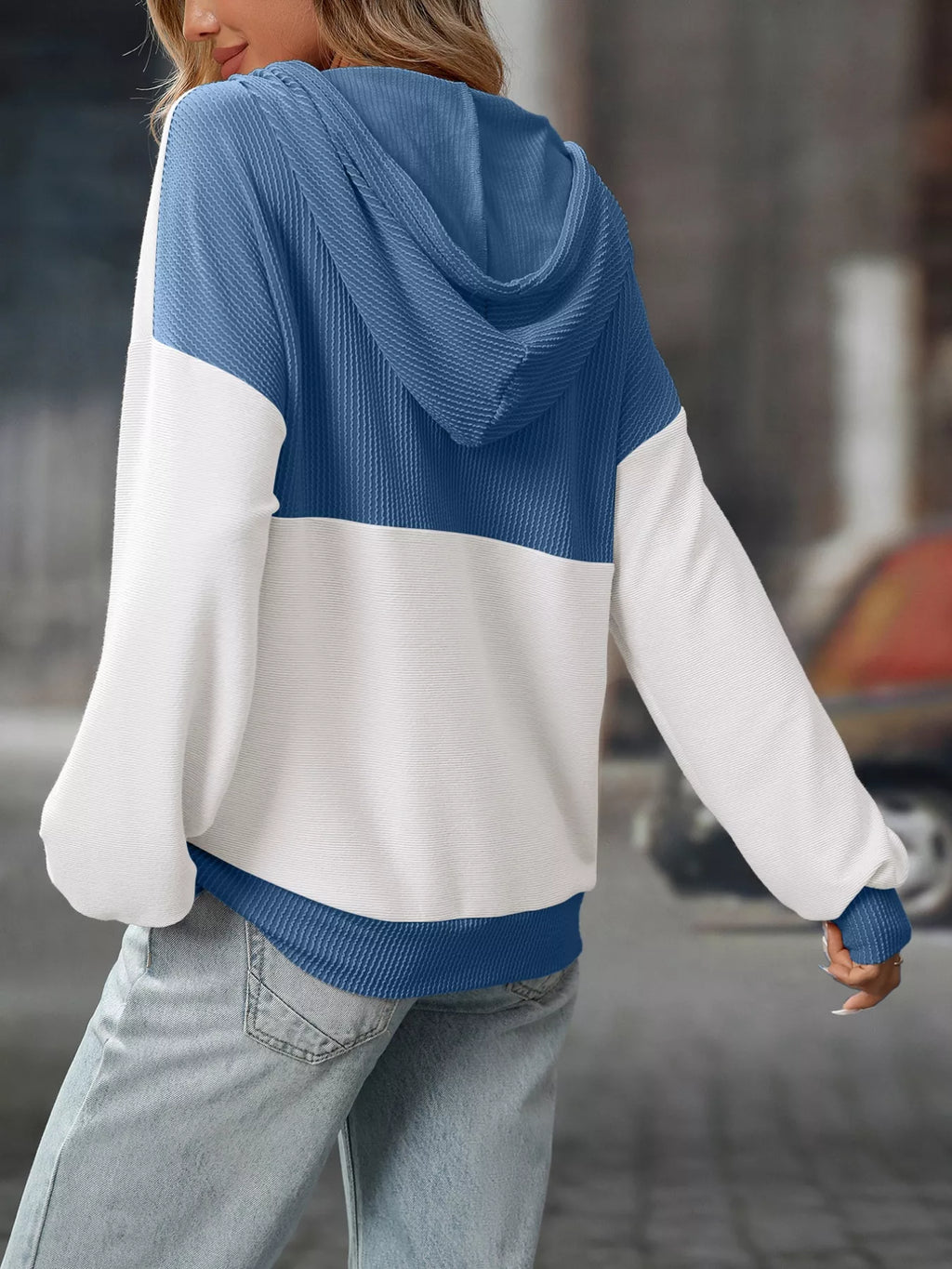 Casual Color Block Button Detail Hoodie