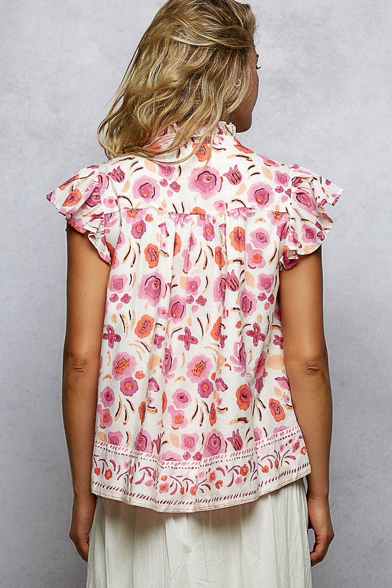 POL Tassel Tied Floral Flutter Sleeve Blouse