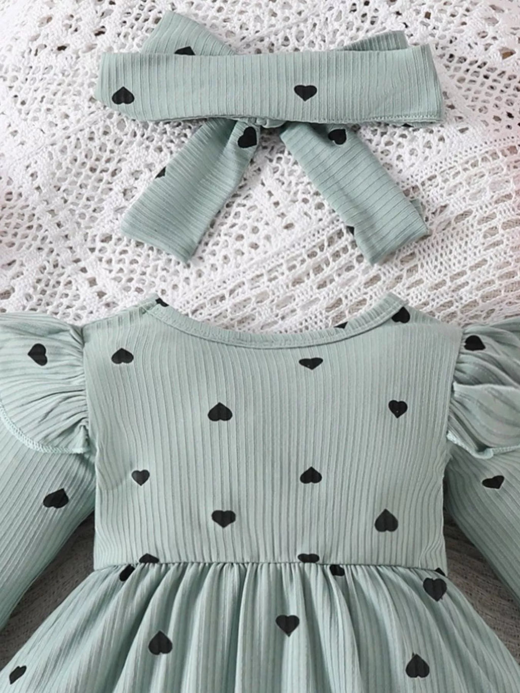 Children's Heart Print Ruffle Trim Bodysuit Dress with Headband