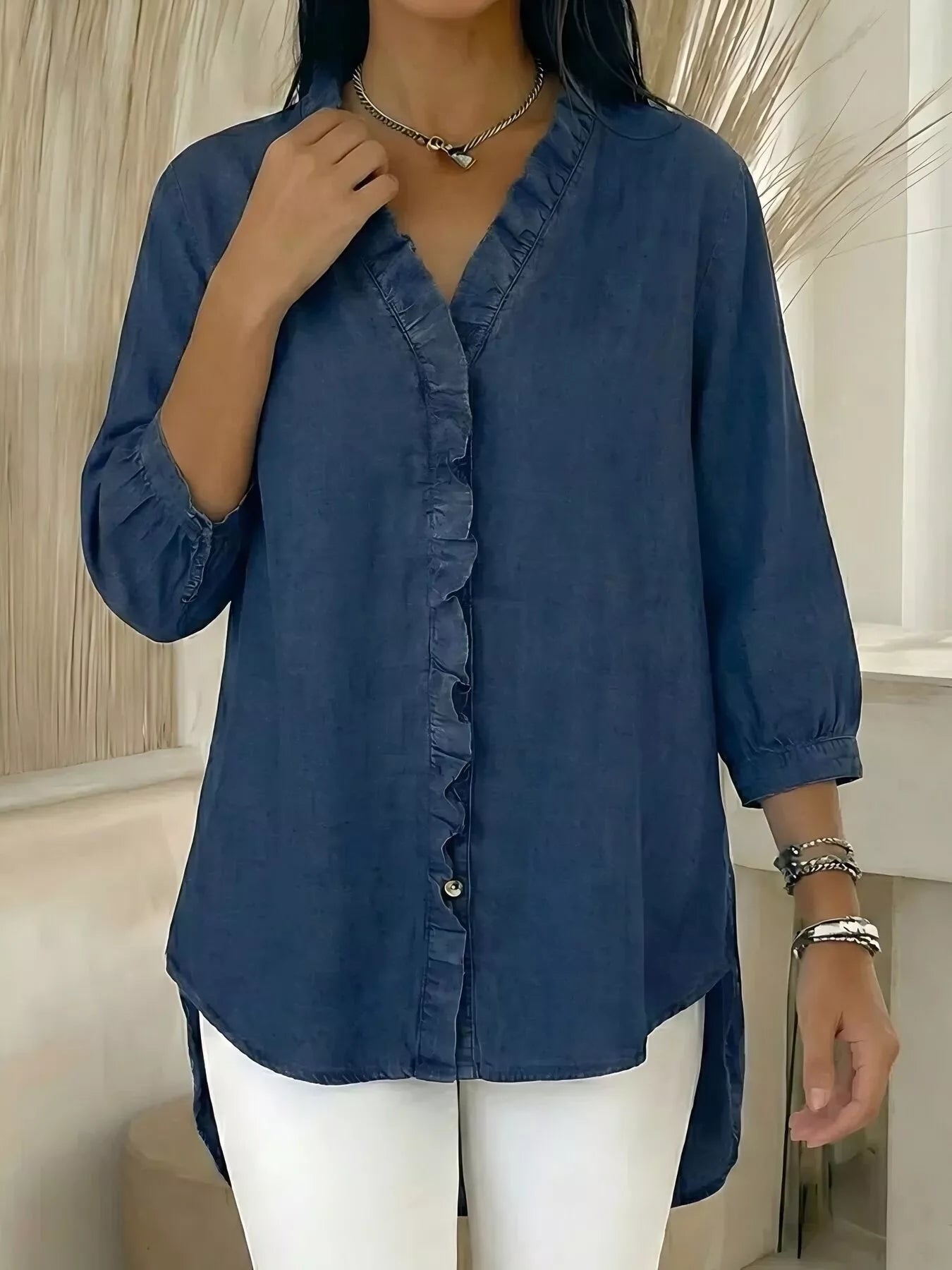 Full Size V-Neck Ruffled Button Down Shirt Plus Size