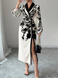 Slit Long Sleeve Wrap Midi Dress