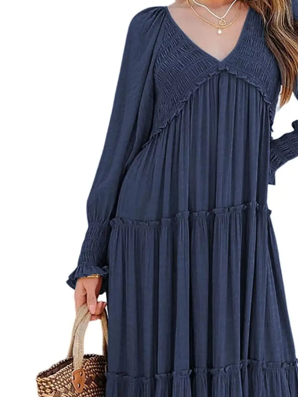 V-Neck Long Sleeve Tiered Maxi Dress