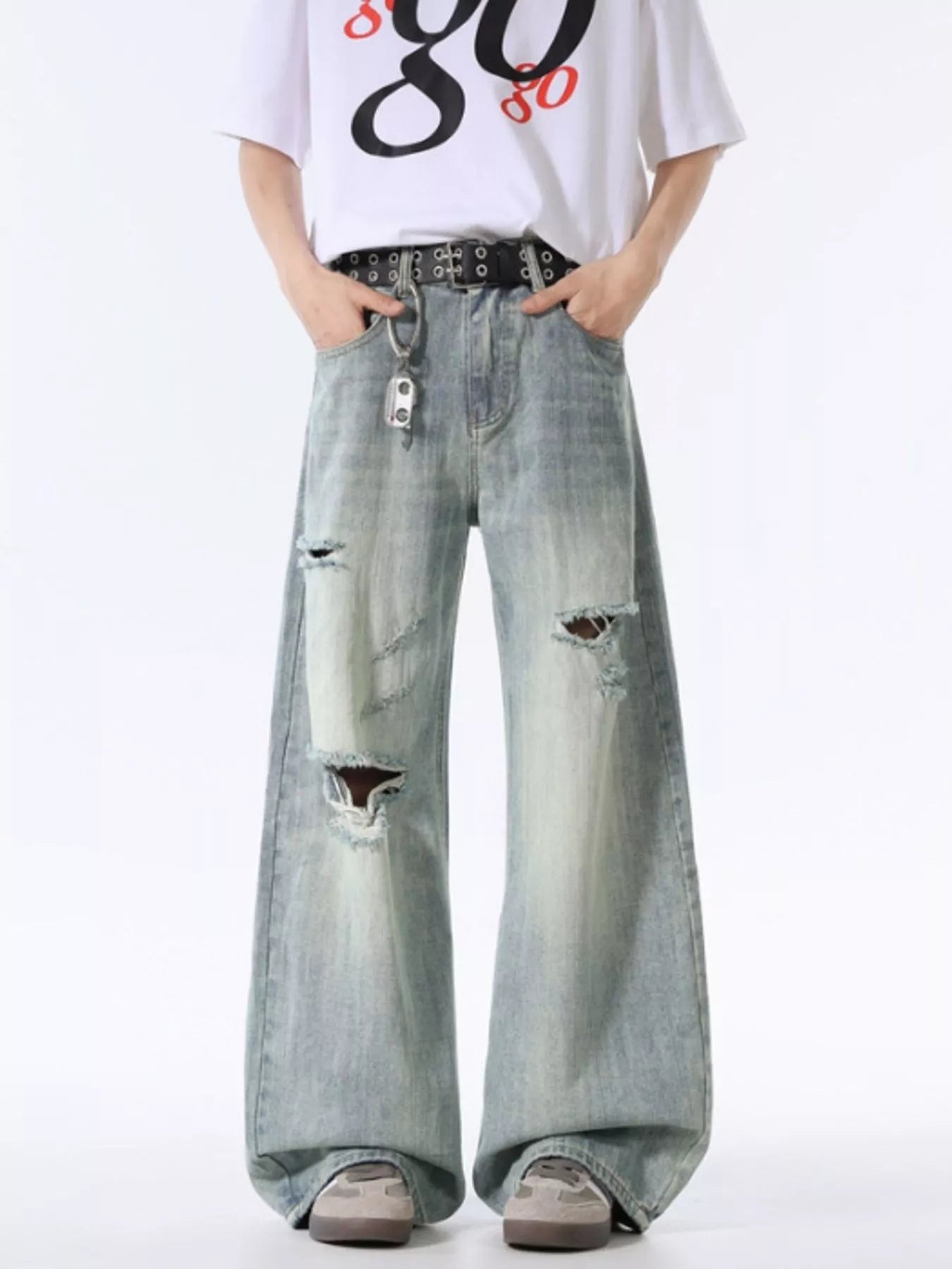 Men's Wash Distressed Wide Leg Jeans