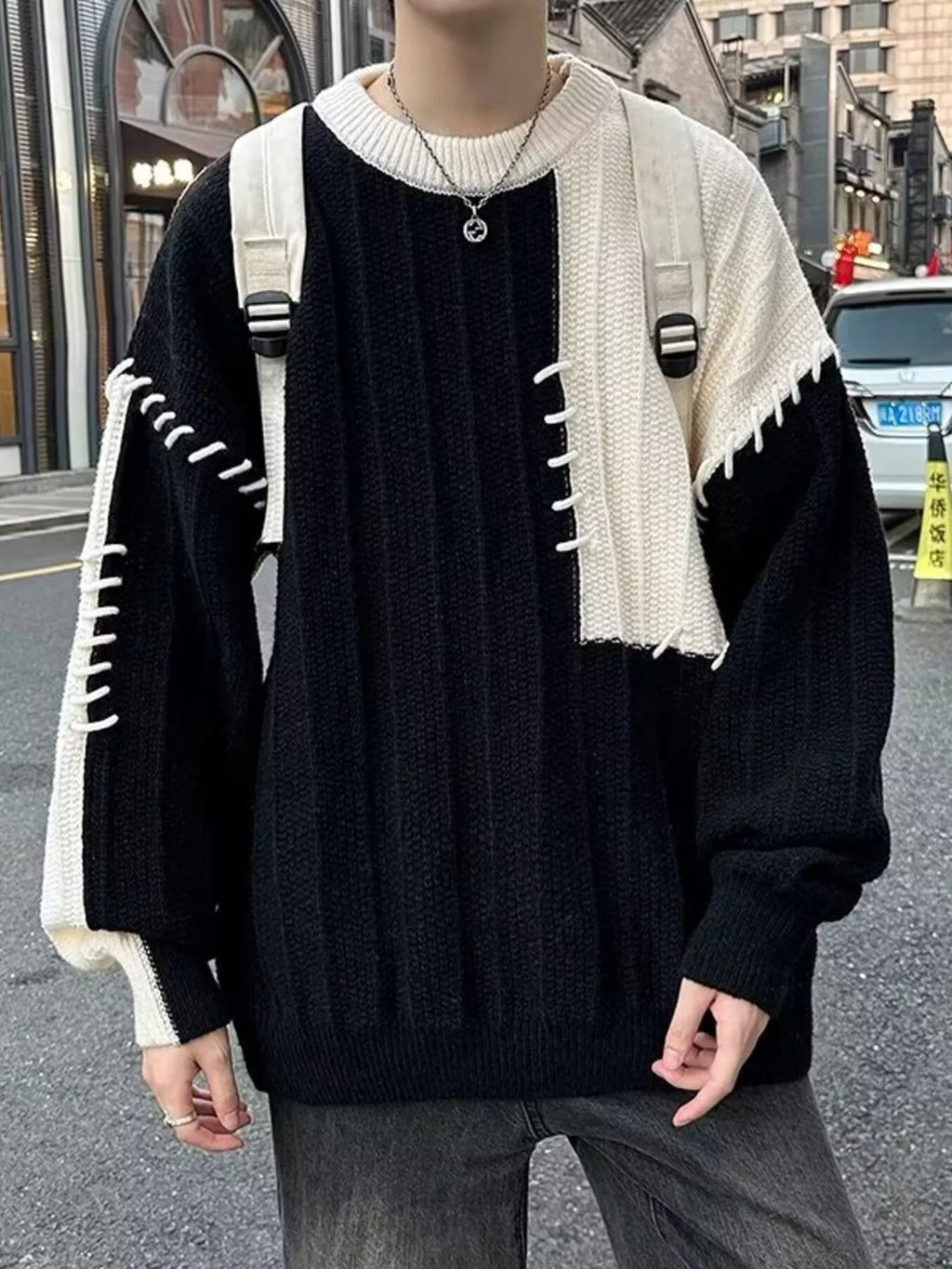 Men's Color Block Round Neck Knitted Pullover