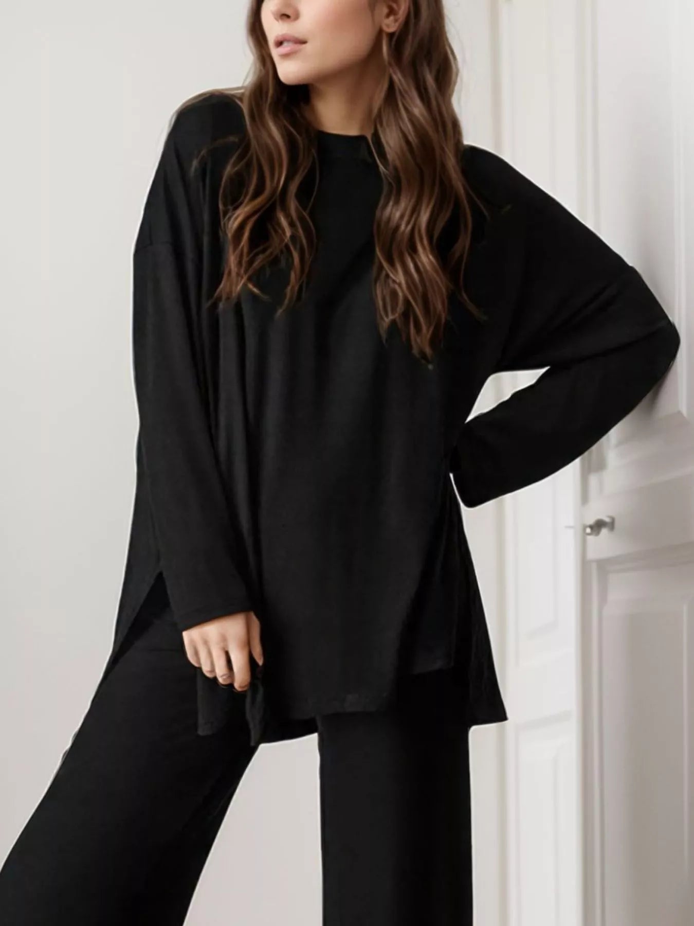 Casual Loose Long Sleeve Top and Wide Leg Pants Set
