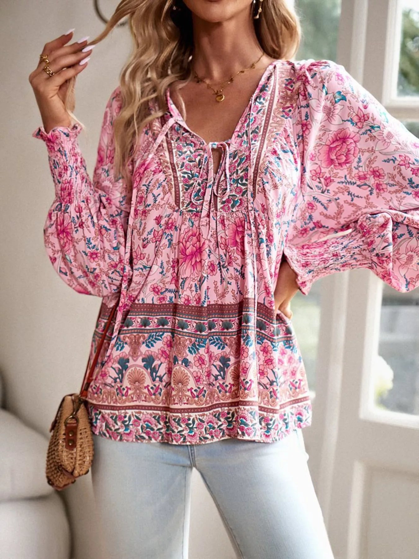 Floral Print Tie Neck Bohemian Blouse