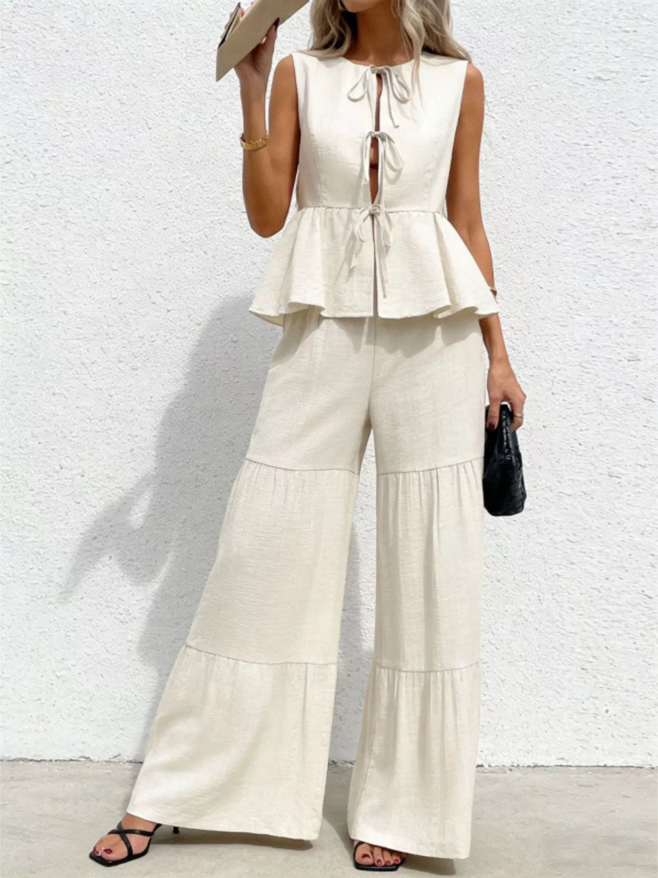 Sleeveless Tie-Front Top and Wide Leg Pants Set