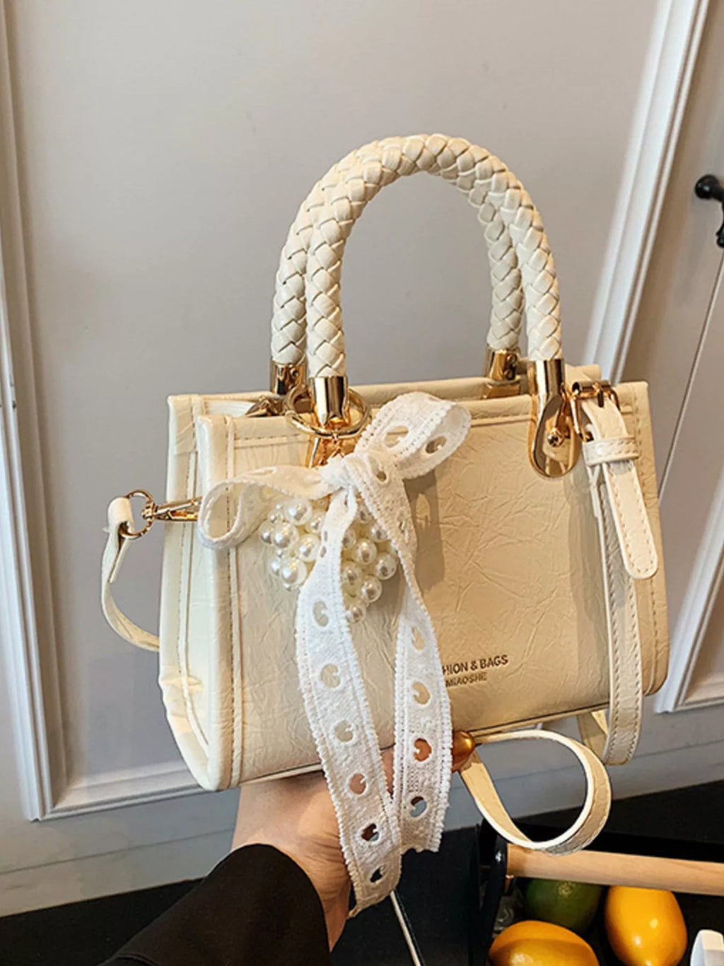 Braided Handle Pearl Decor Crossbody Bag