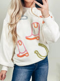 Western Boots Horseshoe Star Knit Crew Neck Sweater