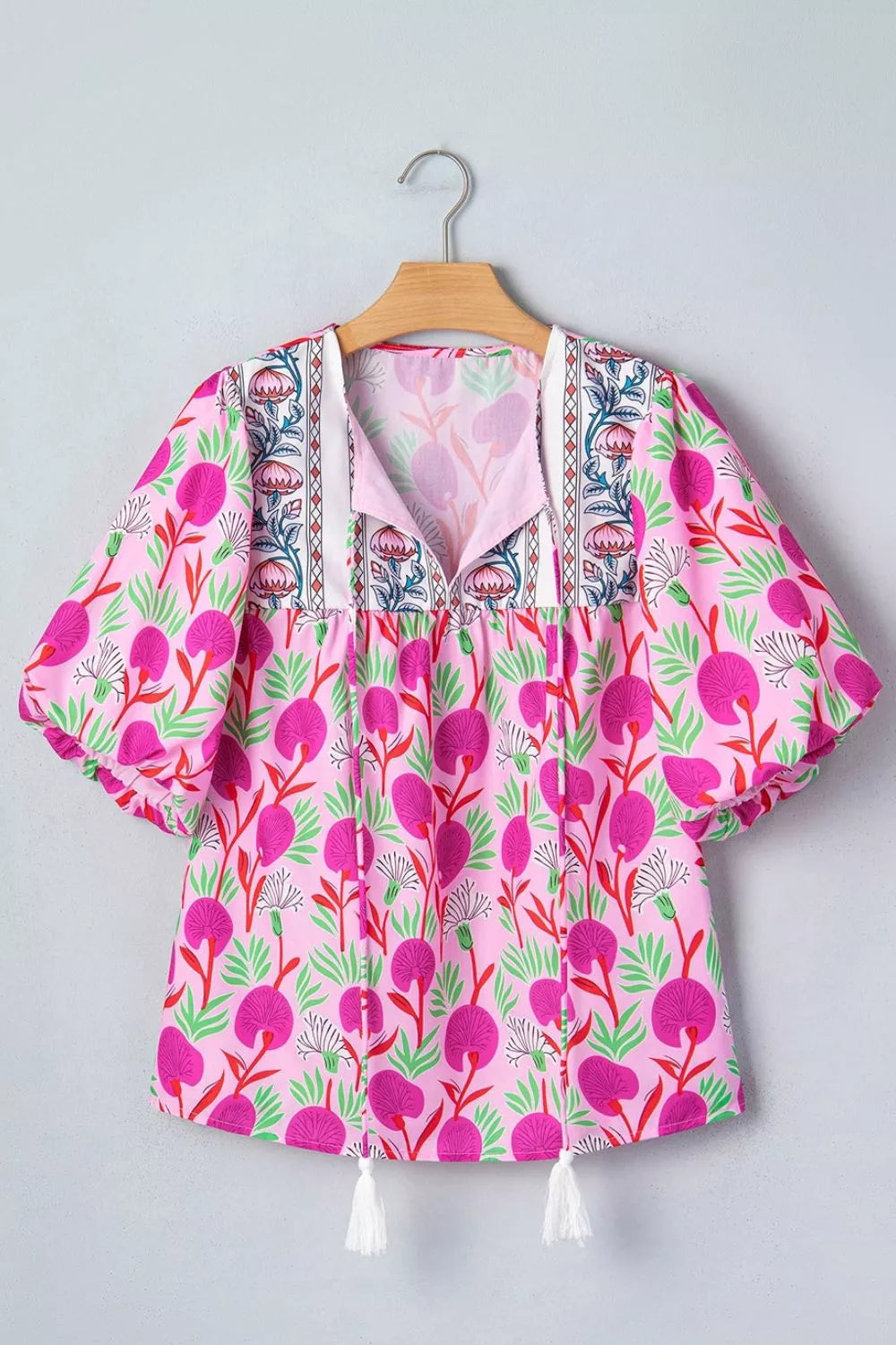 Floral Print Short Sleeve Contrast Patchwork Tassel Tie Blouse