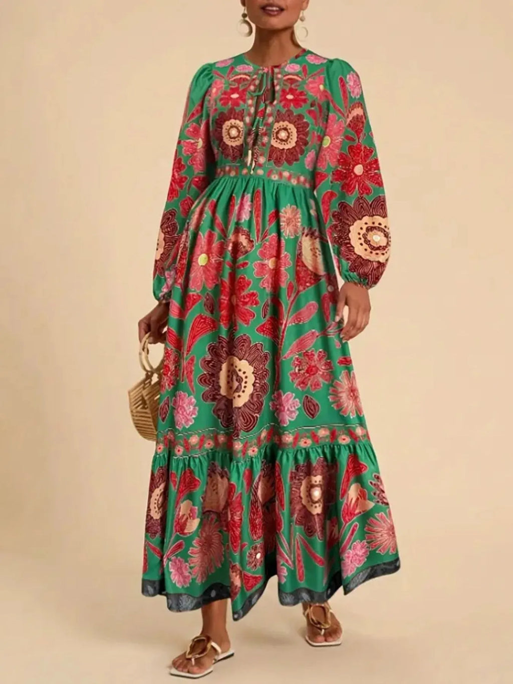Floral Tie Waist Long Sleeve Dress