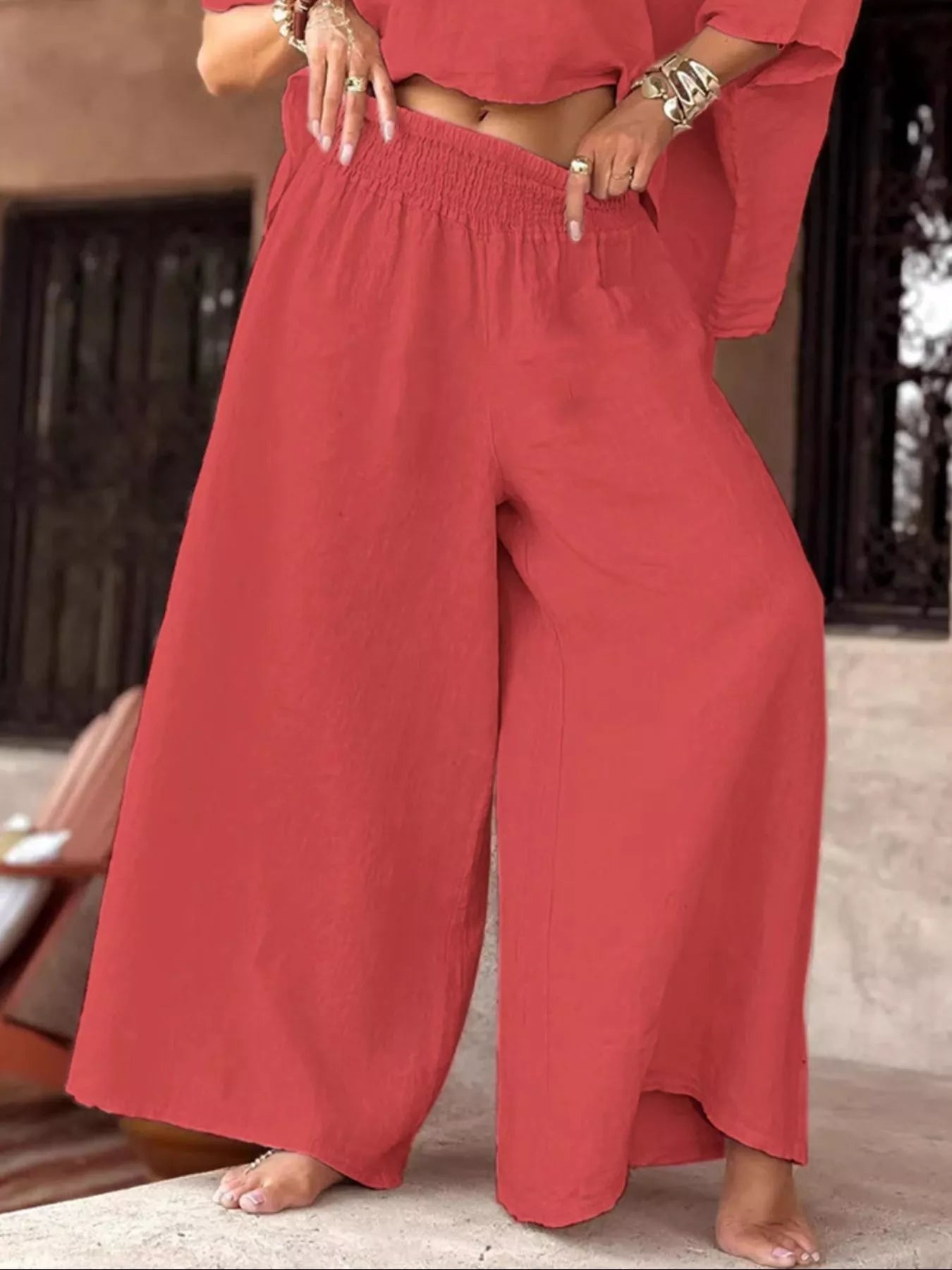 Full Size Boat Neck Top and Wide Leg Pants Set Plus Size