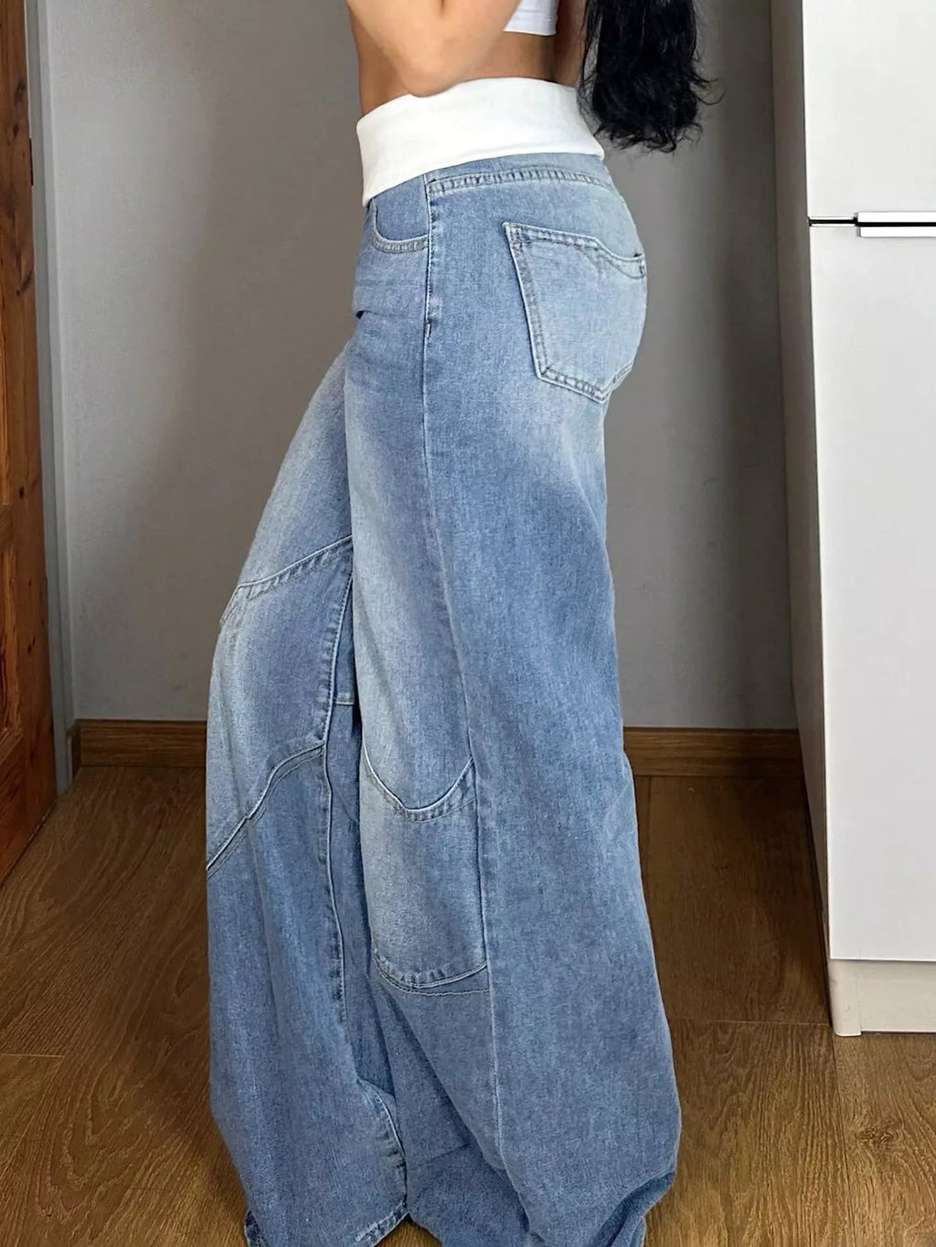 Folded-Over Waistband Wide Leg Jeans