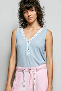 POL Ribbed V-Neck Tank with Contrast Floral Neckband