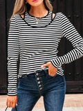 Stripe Double-layer Cold Shoulder Long Sleeve Top