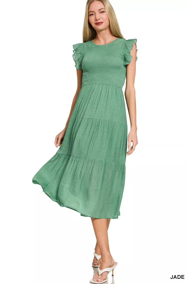 Zenana Woven Smocked Ruffle Sleeve Midi Dress