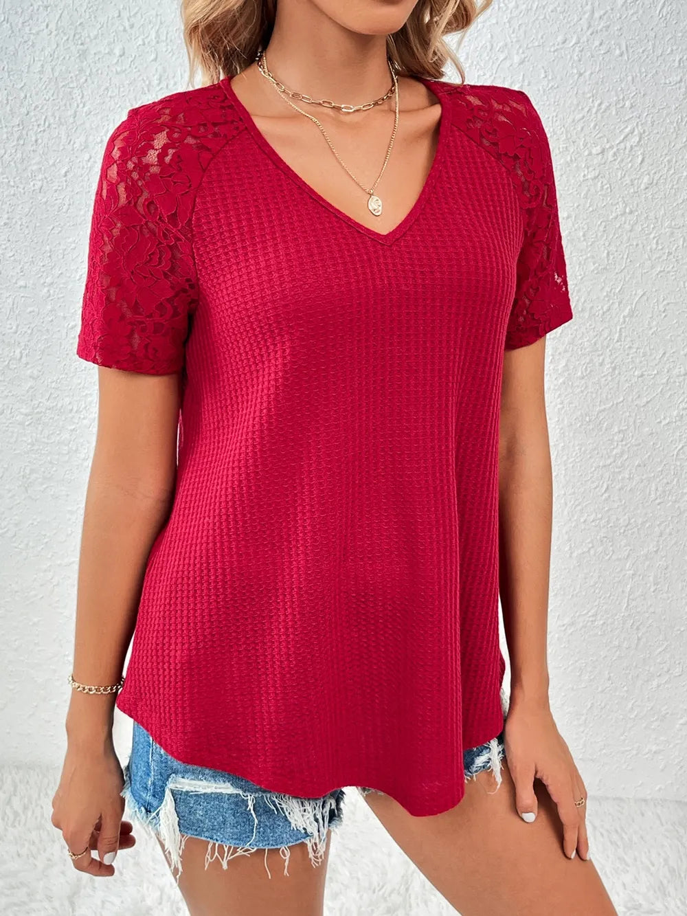Ivy Lane Lace Detail V-Neck Short Sleeve T-Shirt