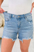 Asymmetric Raw Hem Distressed Whiskery Denim Shorts