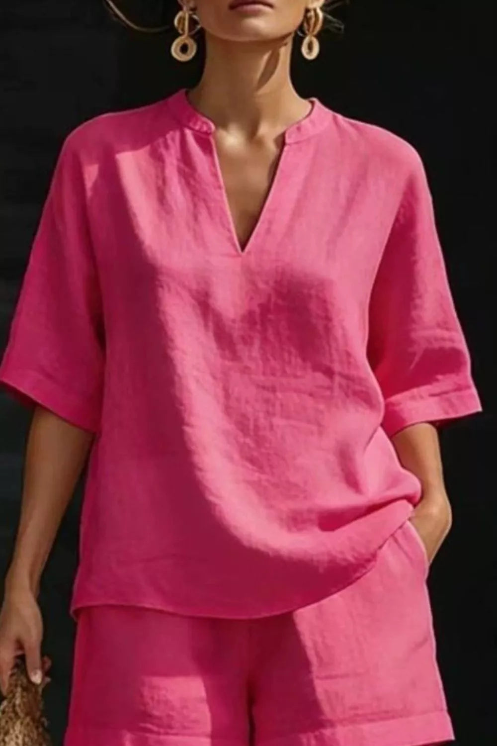 Notched Half Sleeve Top and Shorts Set