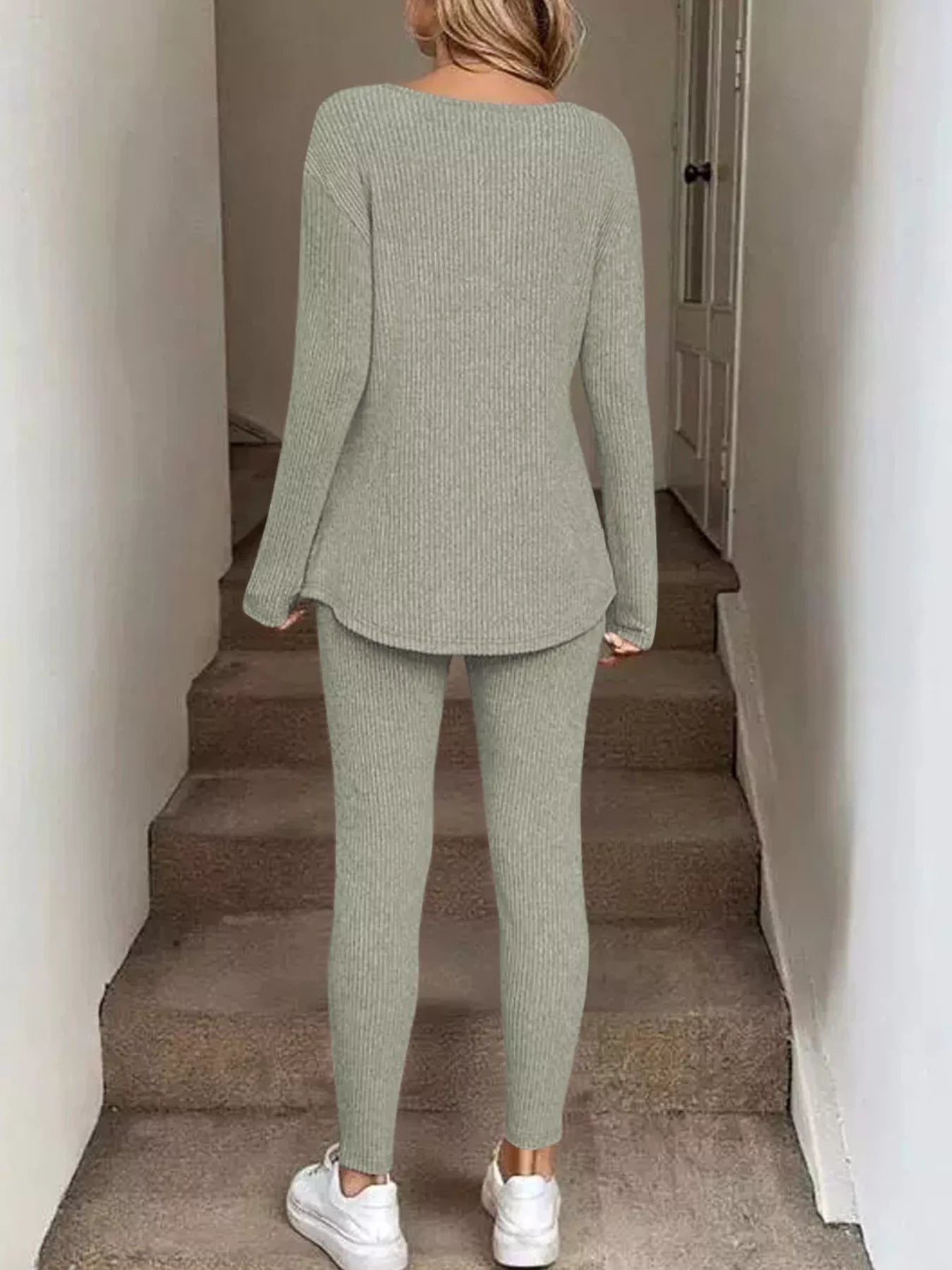 Ribbed Knit Long Sleeve Top and Pants Set