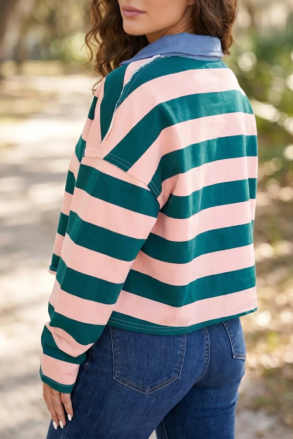 Stripe Quarter-Zip Metal Zipper Cover Stitch Hem Top