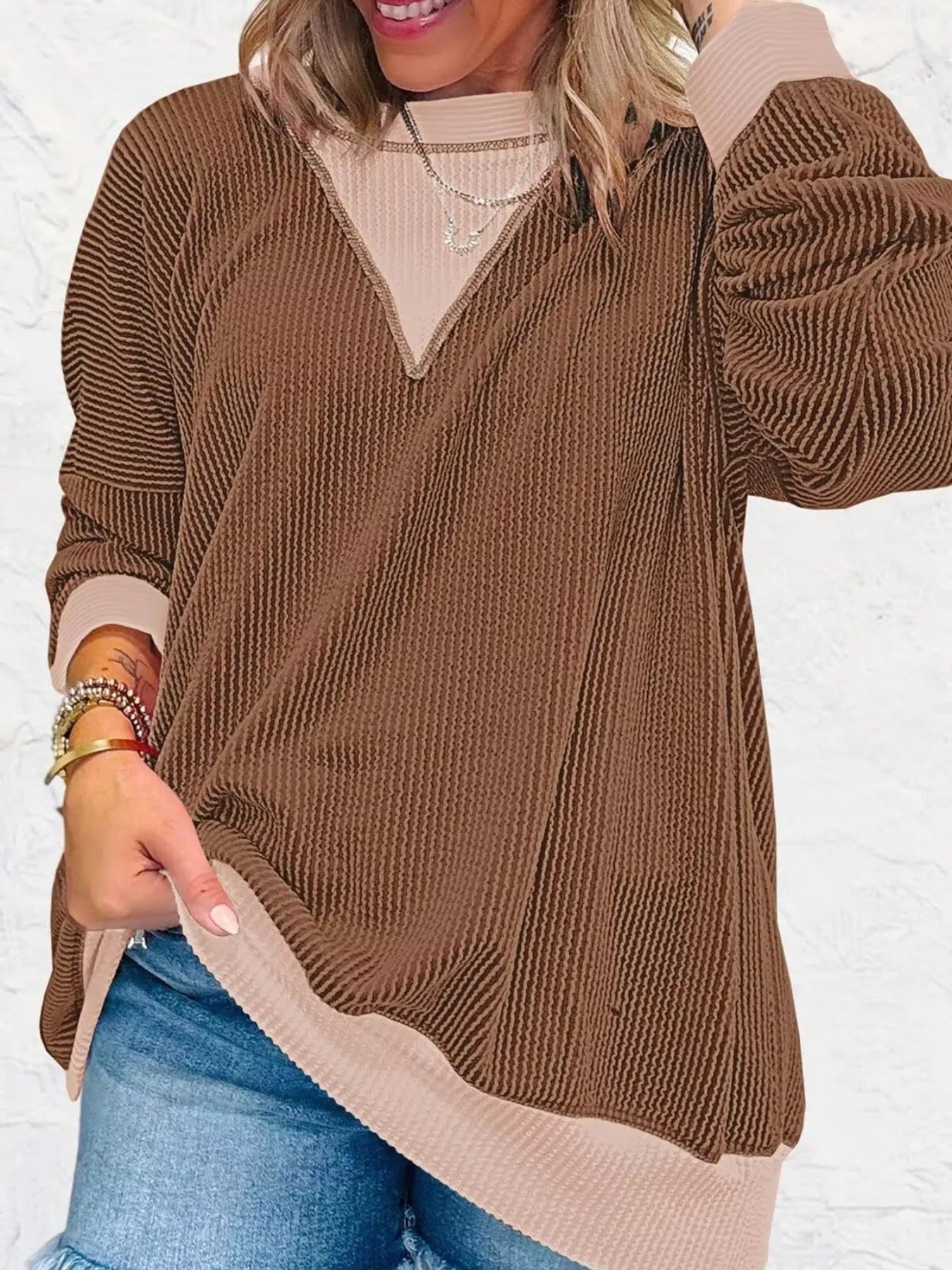 Two-Tone Ribbed Knit Sweatshirt