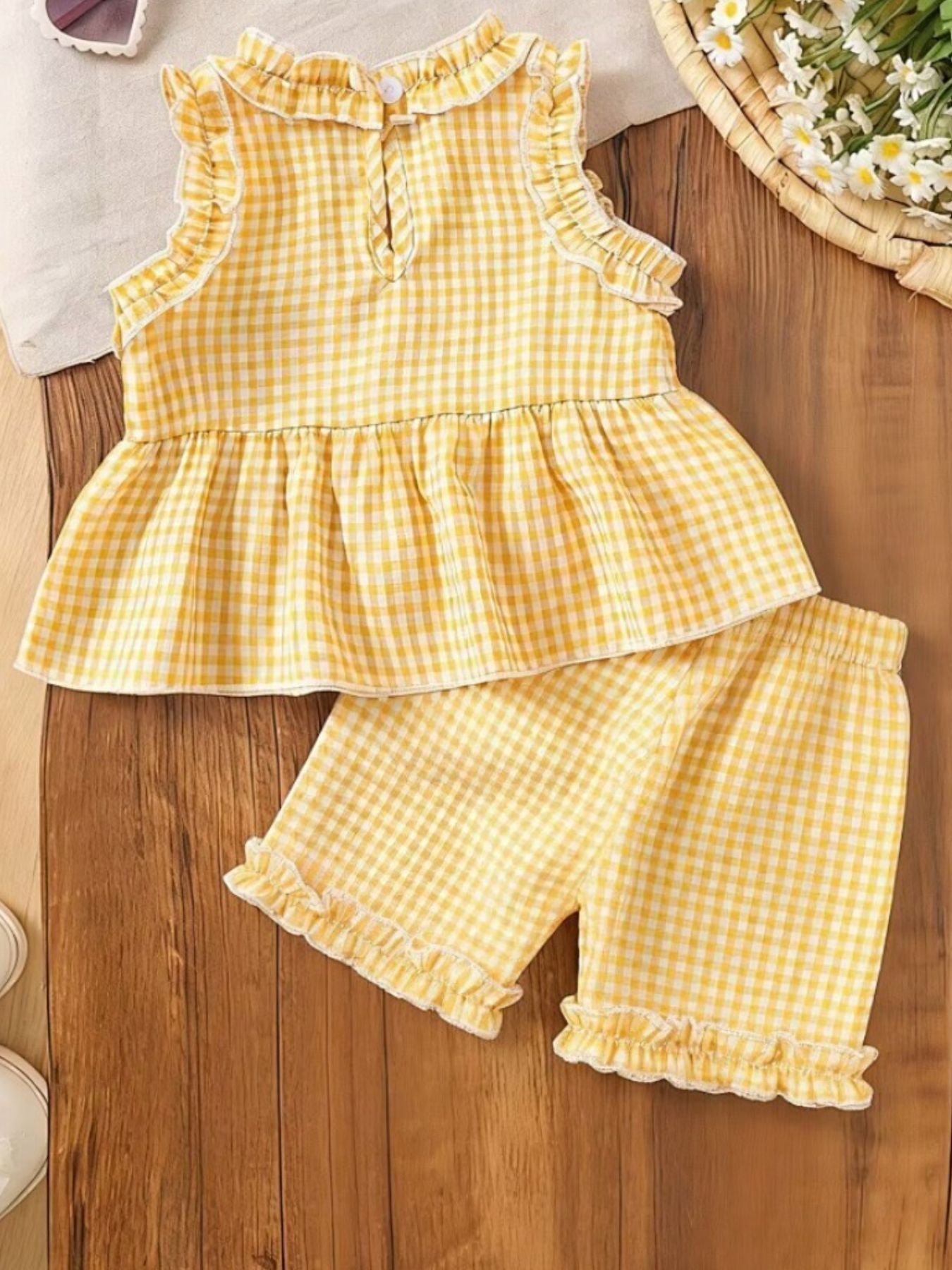 Children's Gingham Ruffle Trim Tank Top & Shorts Set