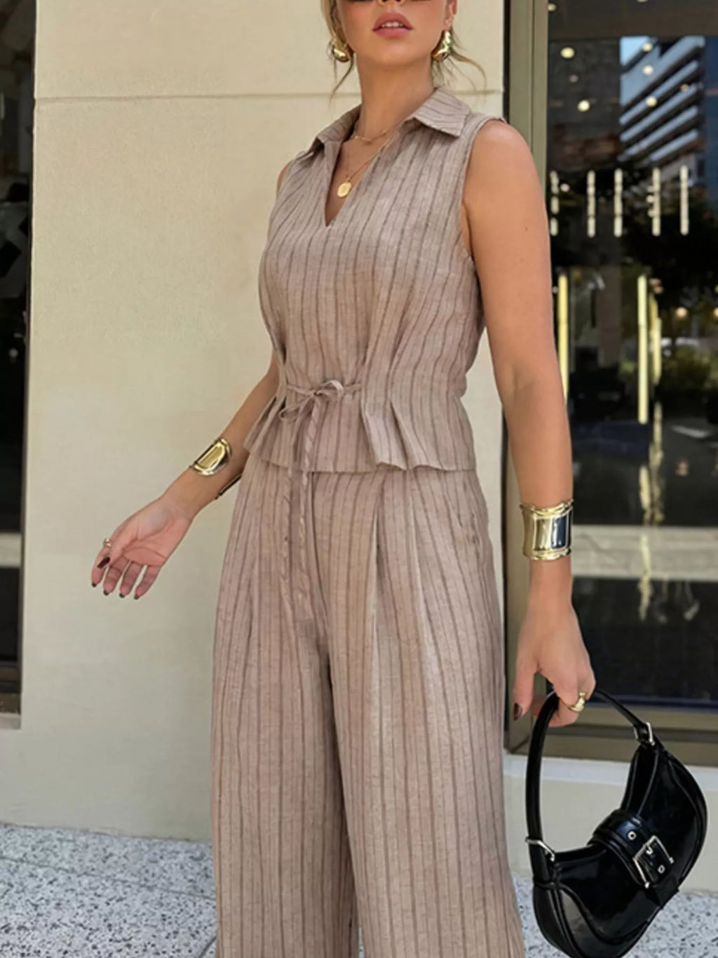 Sleeveless Striped Top & Wide Leg Pant Set