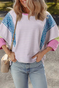 Stripe Floral Color Block Raw Edge Patchwork Top