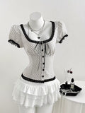 Polka Dot Lace Trim Puff Sleeve Top