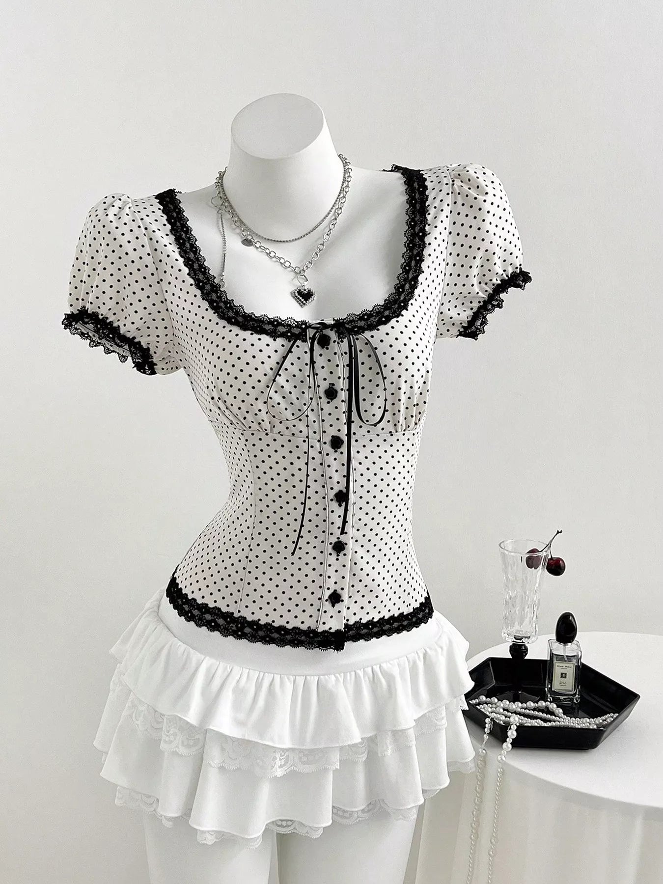 Polka Dot Lace Trim Puff Sleeve Top