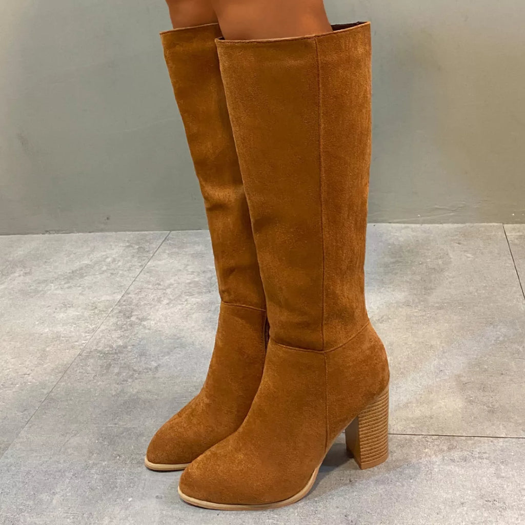 Point Toe Knee-High Suede Block Heel Boots
