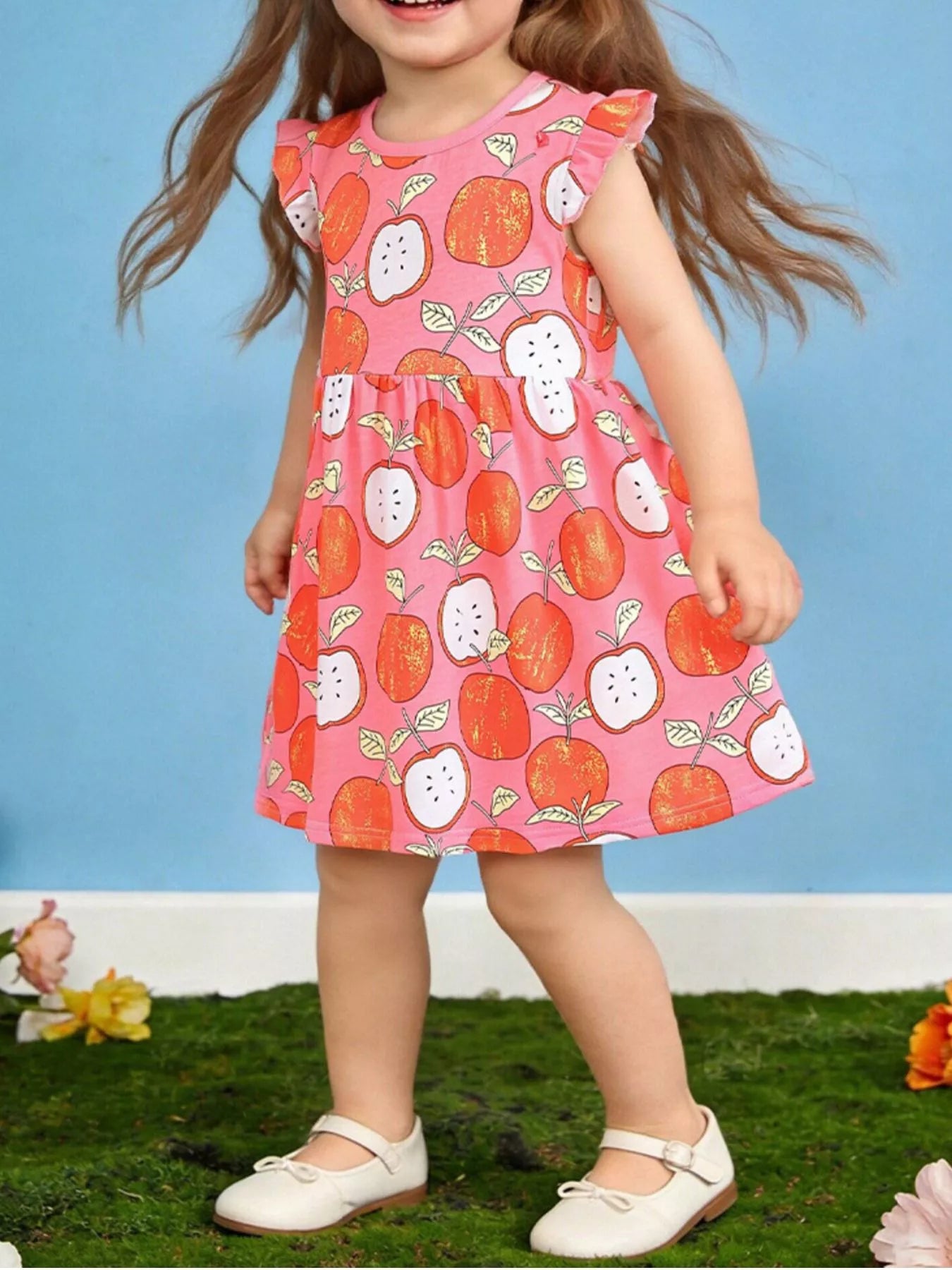 Children's Apple Print Ruffle Sleeve Casual Dress