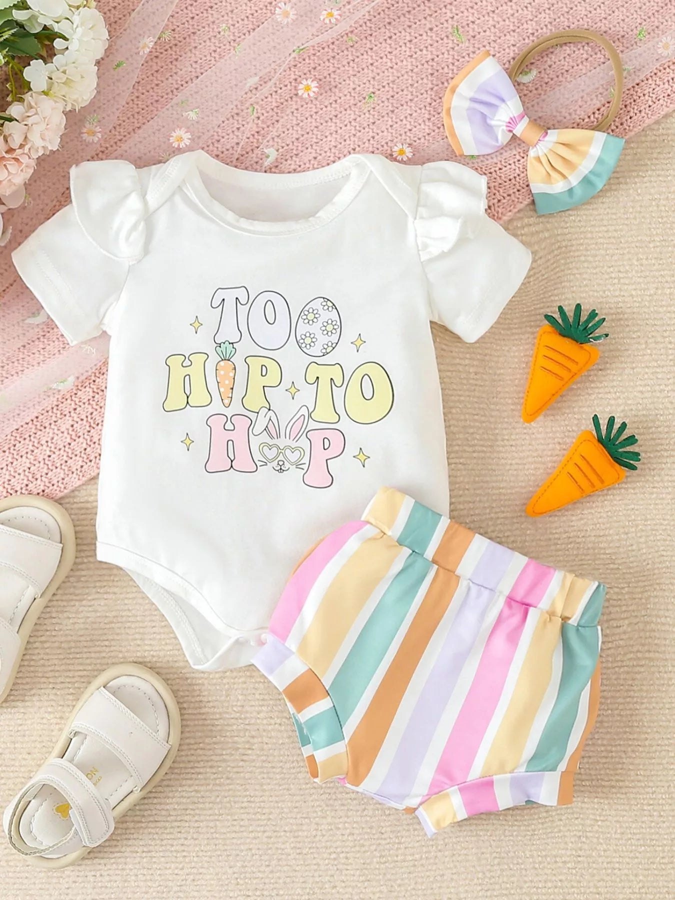 Children's Ruffled Short Sleeve Bodysuit and Shorts Set with Headband